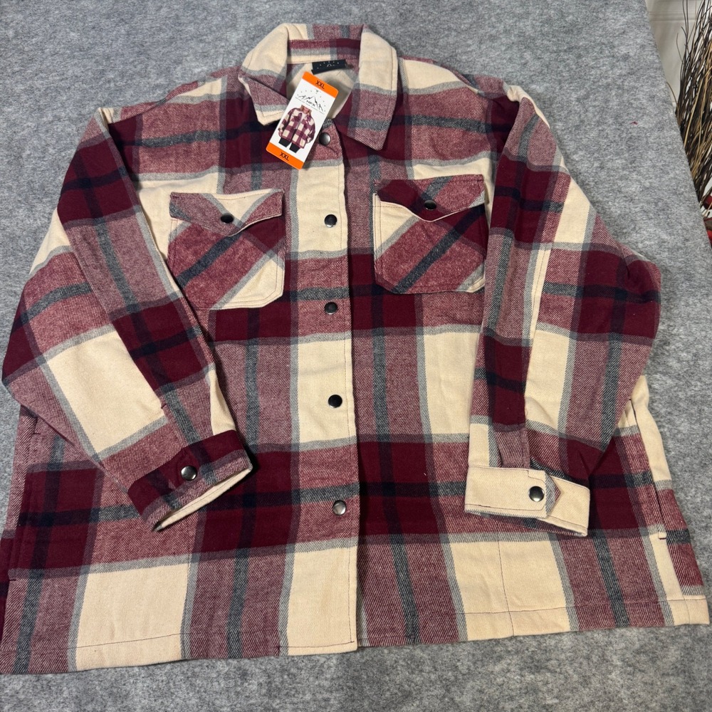 HFX Womens Plaid Shacket Jacket Burgundy Cream Wool Blend XXL NWT 1534711